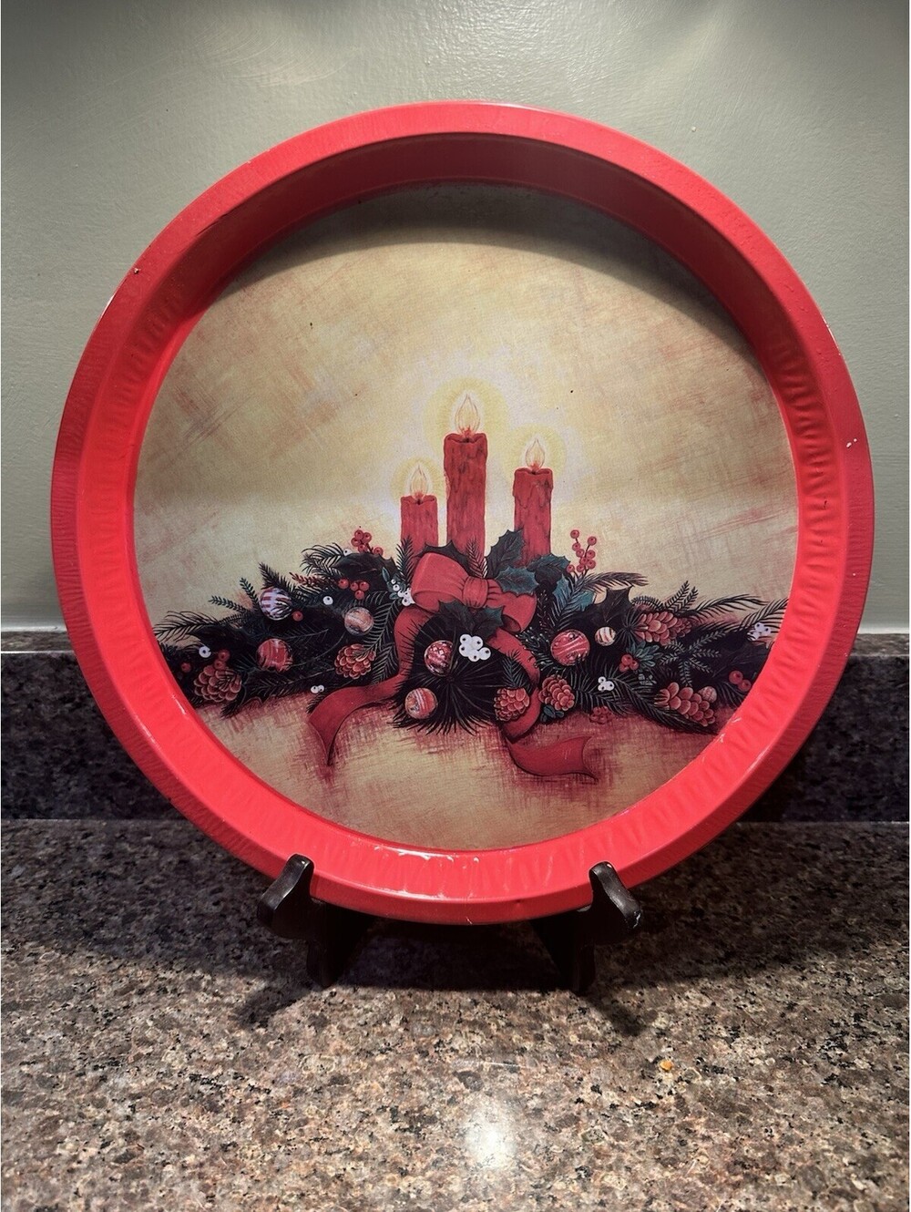 Vintage Round Metal 12.25" Christmas Holiday Tray Candle Pinecone Ribbon Scene